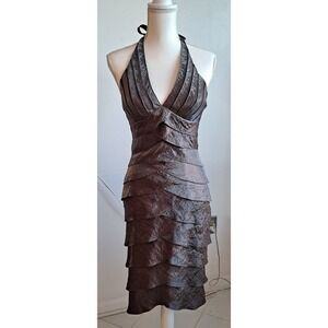 Cache Evening Halter Dress Size 6 Women Bronze Shimmer Tiered Ruffle Mesh Accent